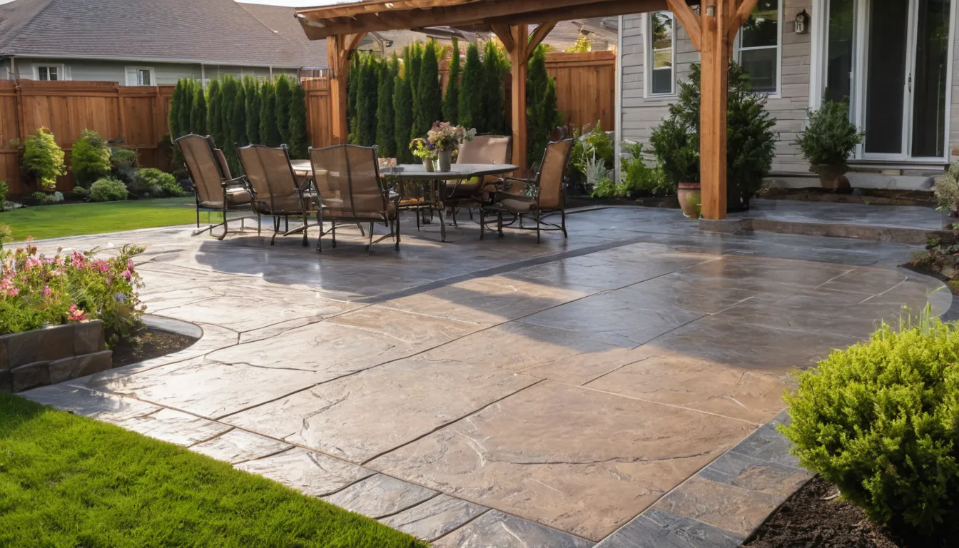 Stamped concrete patio with a slate pattern behind a home near Carbonado